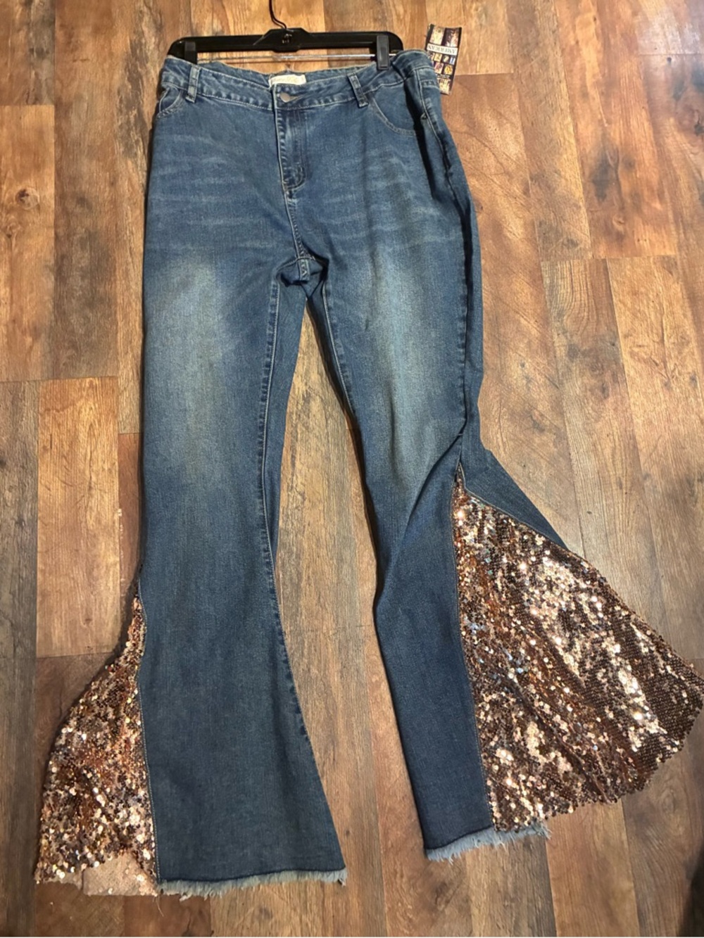 Blue Denim Flare Jeans with Bronze Sequin Insets - Picture 4 of 7